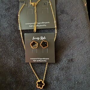Waterproof 18k Gold plated Black Clover Stud Earrings and Necklace